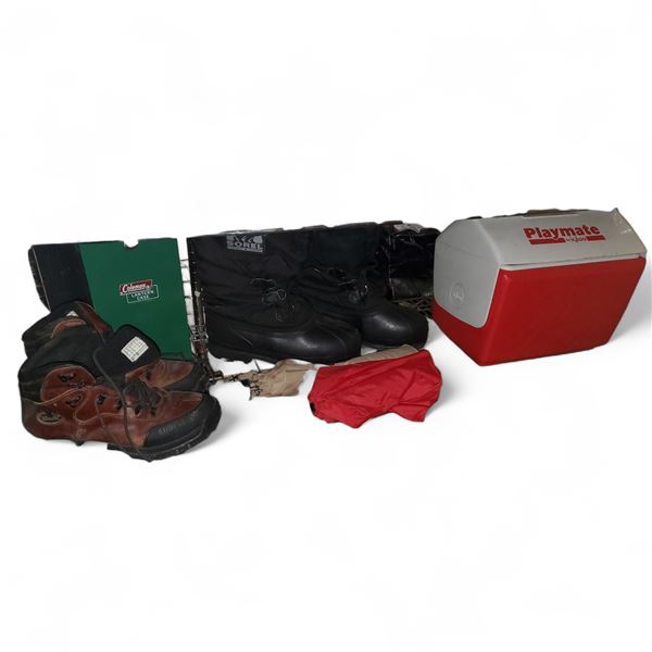 Coleman Lantern Case, Kodiak Boots (Size 12), Sorel Boots (Size 12), and Playmate Cooler
