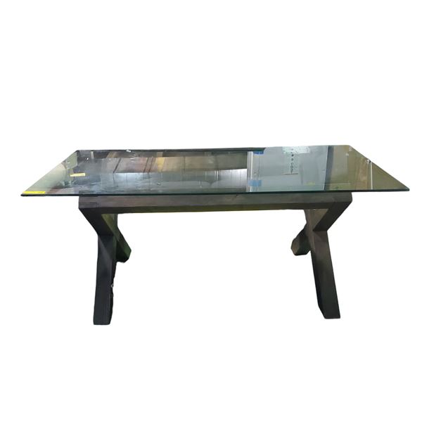 Glass-Top Dining Table with Dark Wood Base, Approx. H28" x W71" x 35.5"