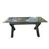 Image 1 : Glass-Top Dining Table with Dark Wood Base, Approx. H28" x W71" x 35.5"