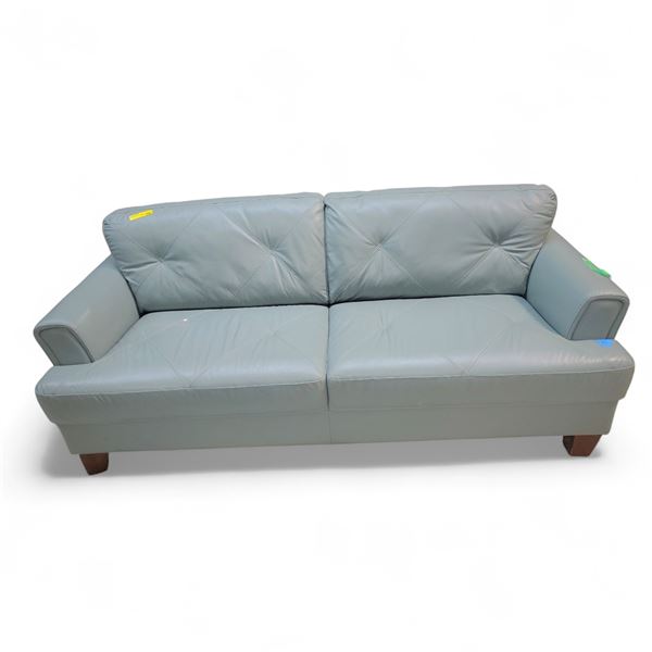Light Blue Leather Sofa, Approx. H33" x W85" x D35"
