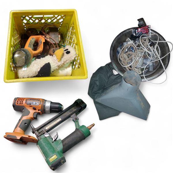 Cordless Drill (Model: R86005), Nail Gun, and Misc Items