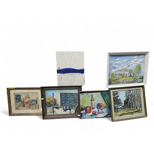 Group of 6 Framed Watercolor and Canvas Art - Various Sizes