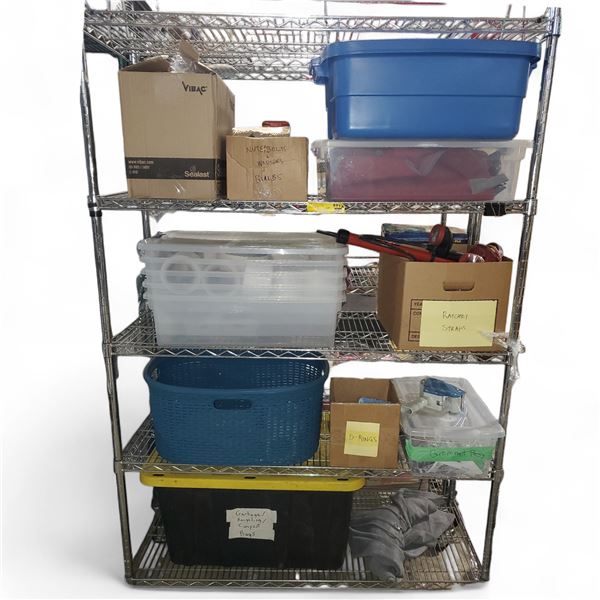 4 Shelves of Misc Movie Set Items - Ratchet Straps, D-Rings, Light Bulbs, and More