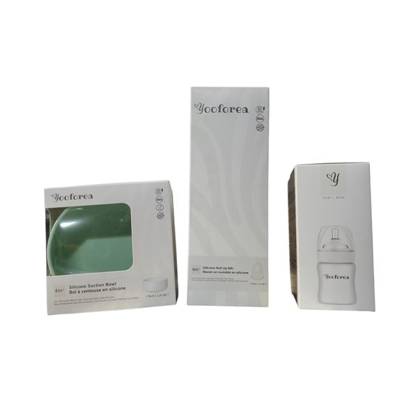 Group of 3 Boxes of Silicone Baby Bottes, Silicone Bibs & Silicone Suction Bowl