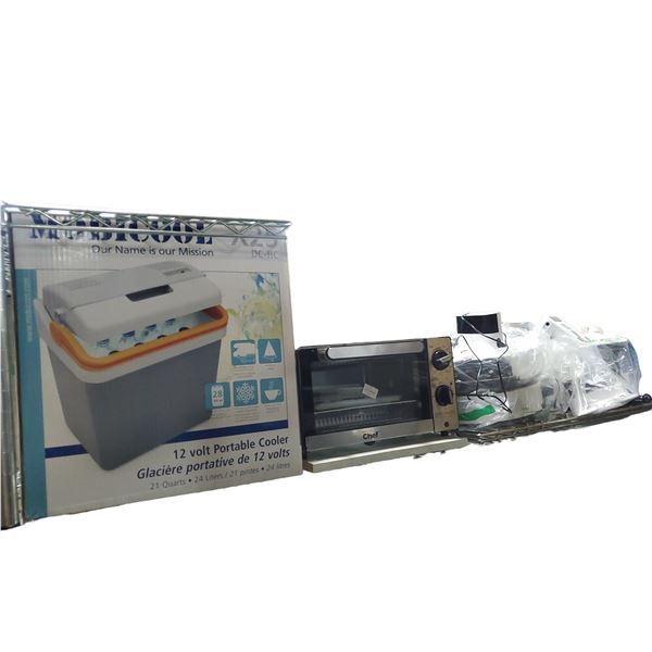 Shelf lot of Misc - Portable Cooler, Master Chef Oven, Cleaning Robots