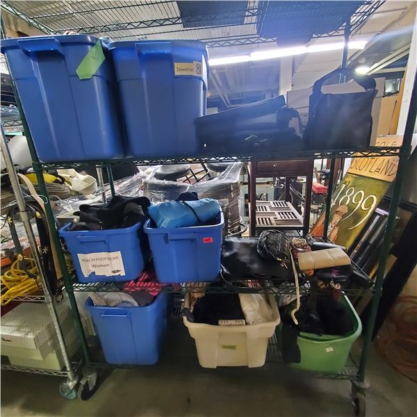 4 Shelves of Misc - Clothing, Purses, Suitcase, Etc.