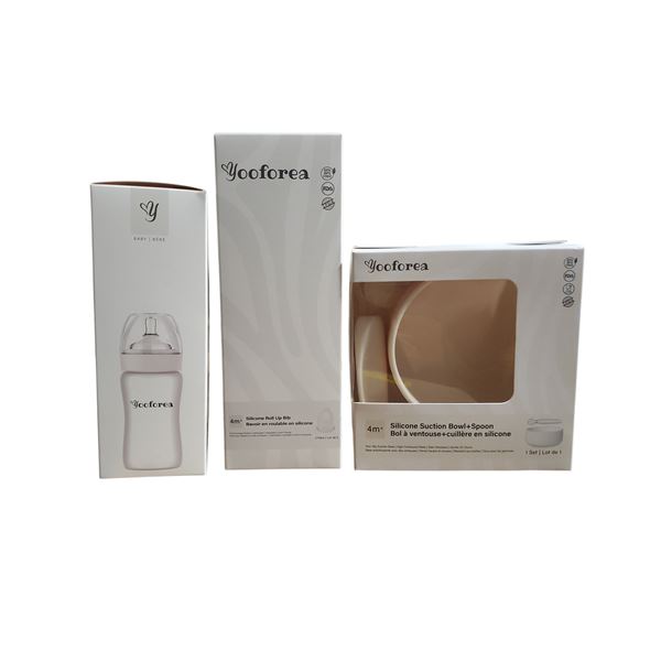 Group of 4 Boxes of Silicone Suction Bowl+Spoon, Silicone Roll Up Bib, Silicone Coated Glass Baby Bo