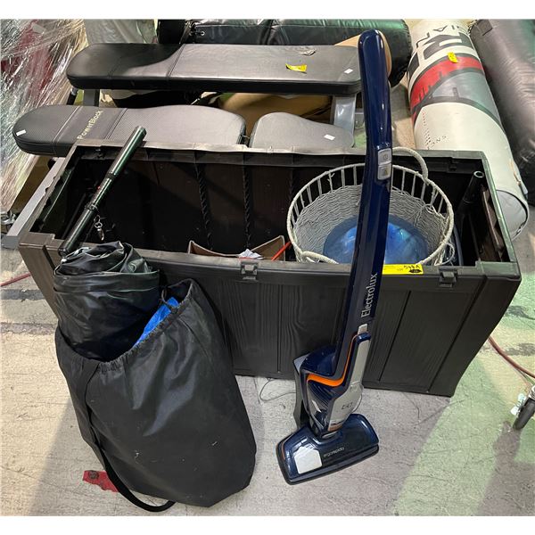Storage Bin with Misc Items - Electrolux Ergorapido Cordless Vacuum (untested), Exercise Weights, an