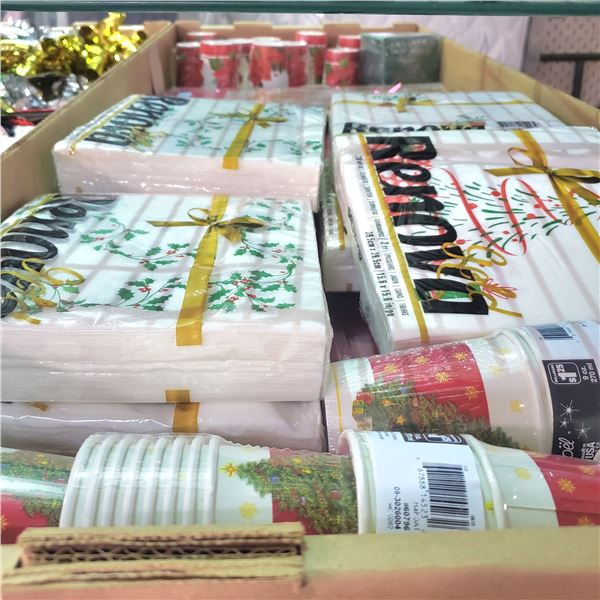 Large box of Christmas Supplies - Napkins, Cups, Etc.