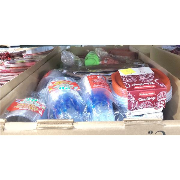 Large Box of Party Supplies Cups, Plates, Tupperware, Etc.