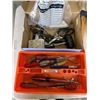 Image 2 : LARGE TOTE OF ASSORTED TOOLS AND HOUSE HOLD GOODS