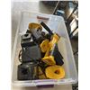 Image 1 : TOTE FULL OF ASSORTED DEWALT CORDLESS POWER TOOLS AND BATTERIES, CHARGER ETC