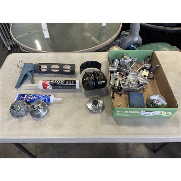 TRAY OF STAINLESS DOOR HARDWARE, CAULKING AND GUN, EAR PROTECTION ETC