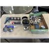 Image 1 : TRAY OF STAINLESS DOOR HARDWARE, CAULKING AND GUN, EAR PROTECTION ETC