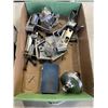 Image 2 : TRAY OF STAINLESS DOOR HARDWARE, CAULKING AND GUN, EAR PROTECTION ETC