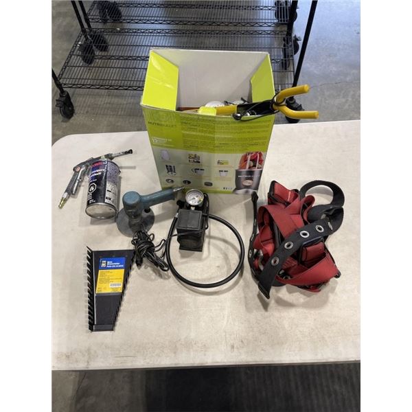 HARNESSES, GRINDER. ETC AND BOX OF WOOD FINISHING SUPPLIES