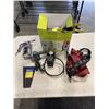 Image 1 : HARNESSES, GRINDER. ETC AND BOX OF WOOD FINISHING SUPPLIES