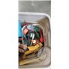 Image 2 : TOTE OF ASSORTED TOOLS AND SHOP SUPPLY INCL;UDING BATTERY CHARGER, JUMPER CABLES HAND TOOLS AND MORE
