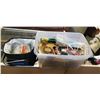 Image 1 : TOTE AND BAG OF ASSORTED SHOP HARDWARE, SUPPLY, BIT SETS AND MORE