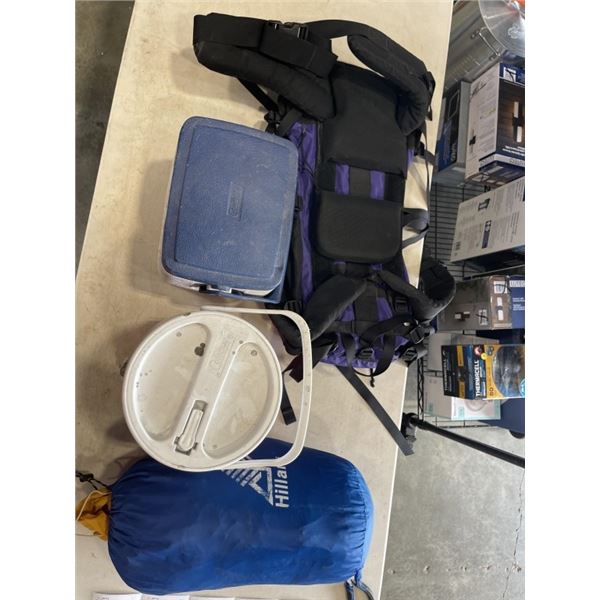 HIKING BACKPACK, 2 COOLERS, AND RAIN COVERS