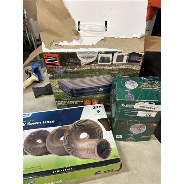QUEENSIZE AIR MATTRESS, SEWER HOSE, AND PROPANE ELEMENT HEATER