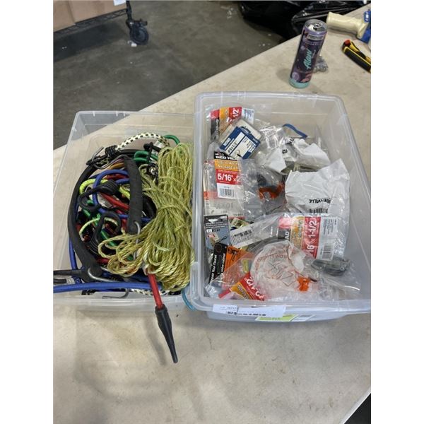 2 BINS OF NEW AHRD WARE, BUNGEE CORDS, ETC