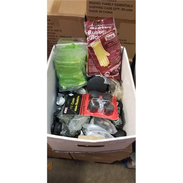 BOX OF CASTERS AND RUBBER GLOVES