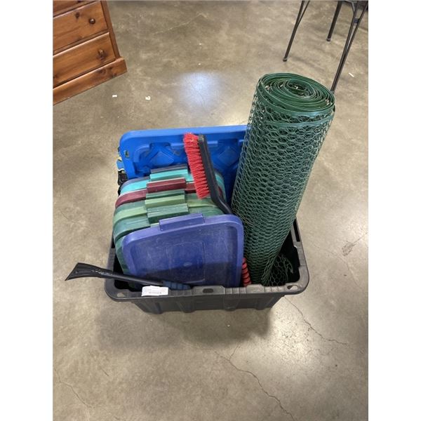 ASSORTED RUBBERMAID STORAGE TOTE LIDS, BLACK AND BLUIE STORAGE TOTE,  AND INTERLOCKING FOAM MATTS, S