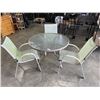 Image 1 : ROUND PATIO TABLE AND 3 SLING BACK CHAIRS