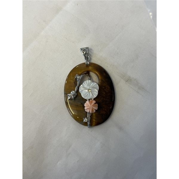 VINTAGE STERLING SILVER W/ TIGERS EYE, PINK CORAL AND MOTHER OF PEARL PENDANT