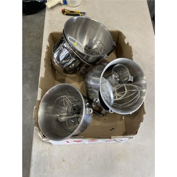 LOT OF COMMERICAL MIXING BOWLS AND WHISK ATTACHMENTS