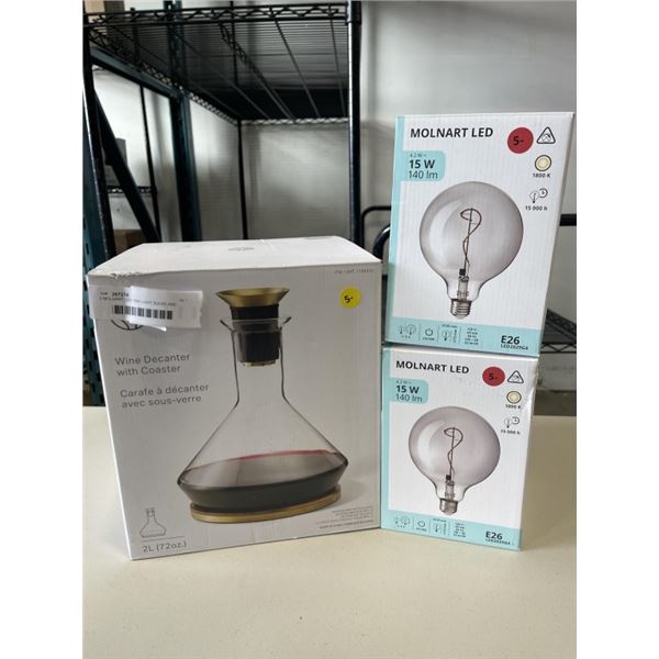 2 MOLNART LED 15W LIGHT BULBS AND RABBIT WINE DECANTER W/ COASTER