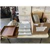 Image 1 : LARGE BOX OF WOOD TRAYS, CHALK SIGNS, CHARGER PLATES, ETC