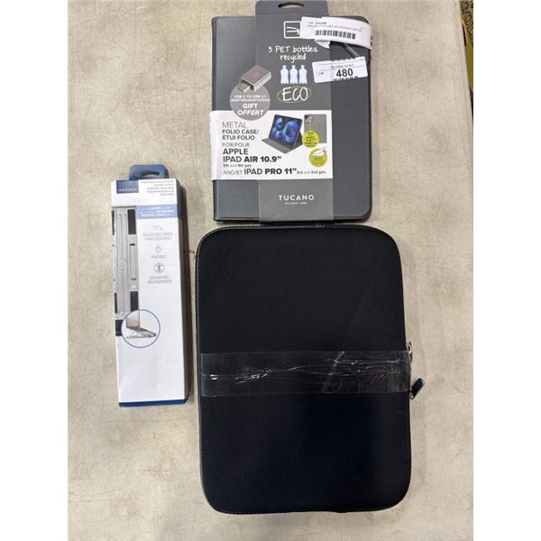 INSIGNIA PORTABLE ADJUSTABLE LAPTOP STAND,  LAPTOP SLEEVE AND TUCANO LINK FOLIO CASE FOR IPADPRO 12.