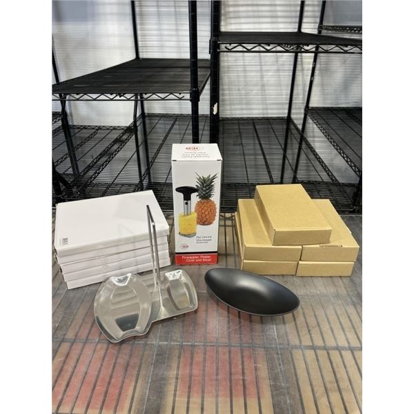 NEW PINEAPPLE PEELER, CORER AND SLICER, 5 NEW MULTI USE DISHWASHGER SAFE BLACK DISHES, AND 5 NEW STA