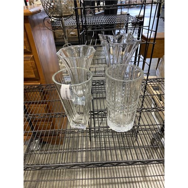 4 HEAVY CRYSTAL VASES, 11-14 INCH HEAIGHTS