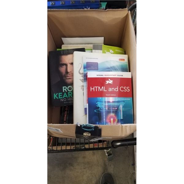 BOX OF ASSORTED NEW BOOKS, HARD AND SOFT COVER, NOVELS AND LEARNING BASED