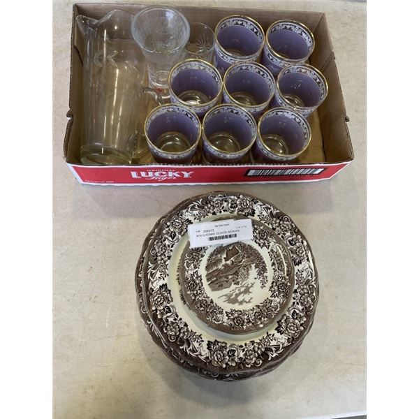 MCM GLASSWAR, DECANTER, AND MEAKIN IRONSTONE PLATES