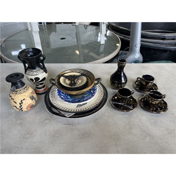 LOT OF GREEK POTTERY ANDCUPS AND SAUCERS
