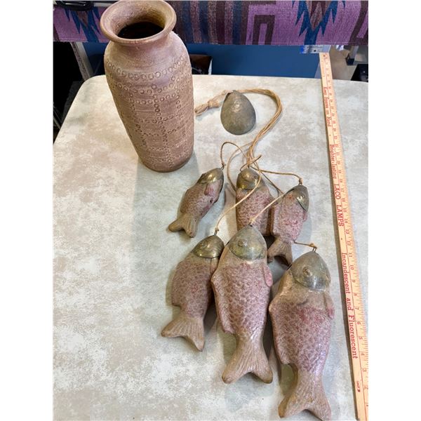 Brass and Clay Hanging Fish and Clay Vase