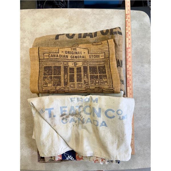 Misc. Vintage Burlap and Cloth Bags and Fabric