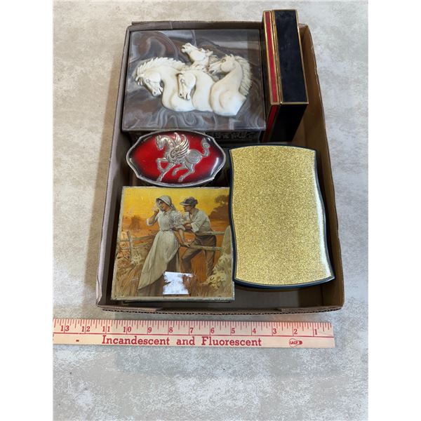 Box of misc. jewelry boxes: stone, tin, vintage “occupied Japan” mid-1940s. Includ