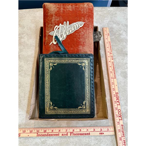 Antique velvet photo album + black & white portraits, vintage leather folio