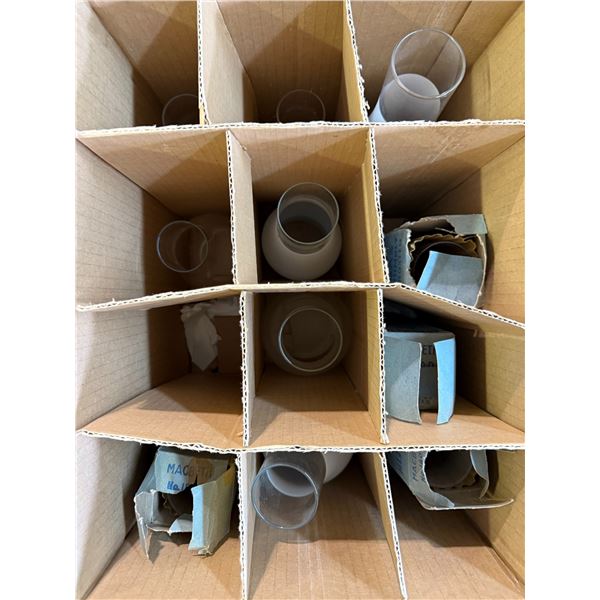 Box of 12 assorted Oil Lamp chimneys (including New old stock MacBeth Pearl Glass)