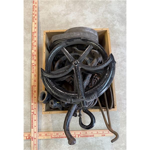 Box of Misc. Cast Iron Hooks, Pulleys, Etc.
