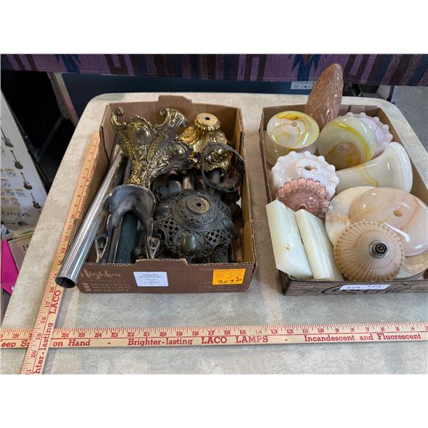 2 Boxes of misc. parts for antique lamps & ashtrays: steel bases, glassware, etc
