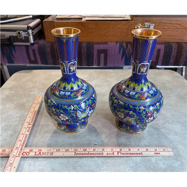 Matching pair of vintage Chinese Cloisonné enamel vases