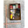 Image 2 : Box of antique tins, bottles, and misc household items
