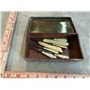 Image 1 : Assortment of Antique Ivory Handled tools in decorative brass box