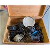 Image 2 : Large Wooden Lock Box Containing Large Quantity of Oil Lamp Parts: Reflectors, Baskets, Brackets, et